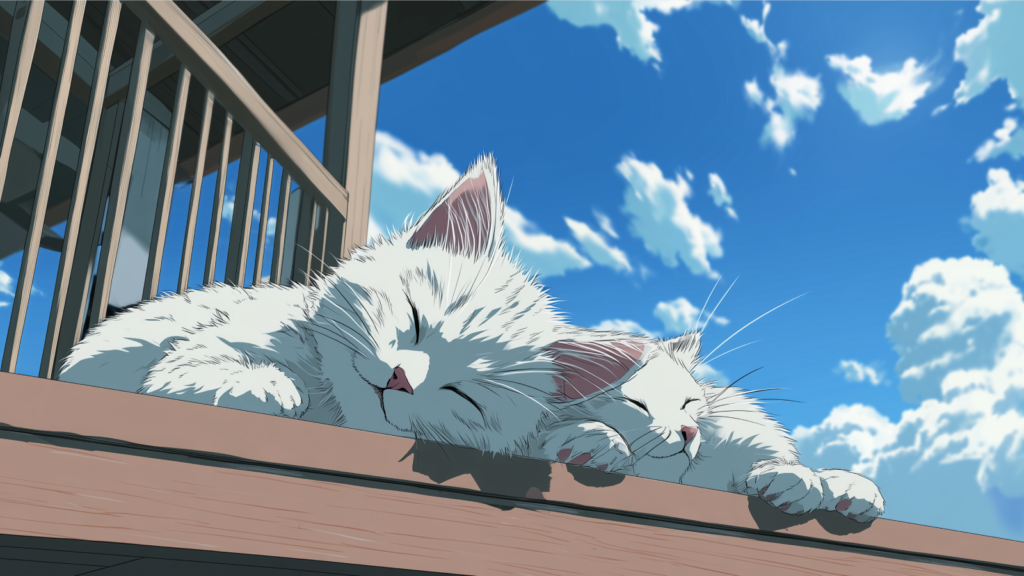 Two white cats lounging peacefully on a wooden deck under soft sunlight.