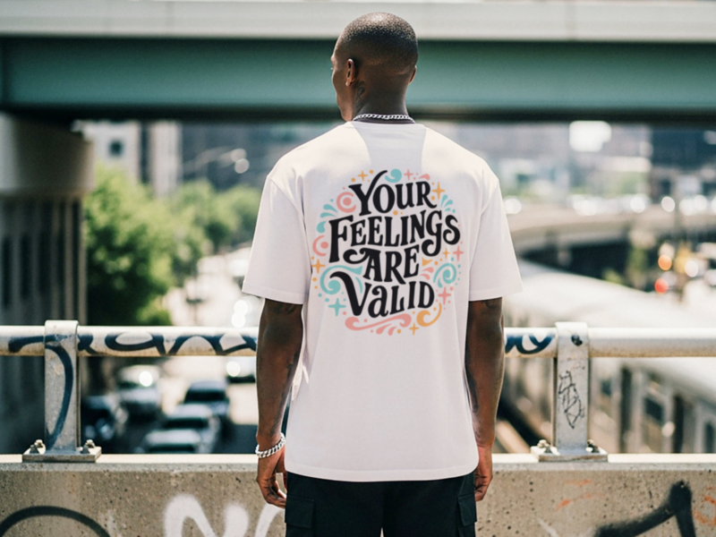 A man stands on an urban overpass, wearing a white shirt with colorful text: "Your feelings are valid”.