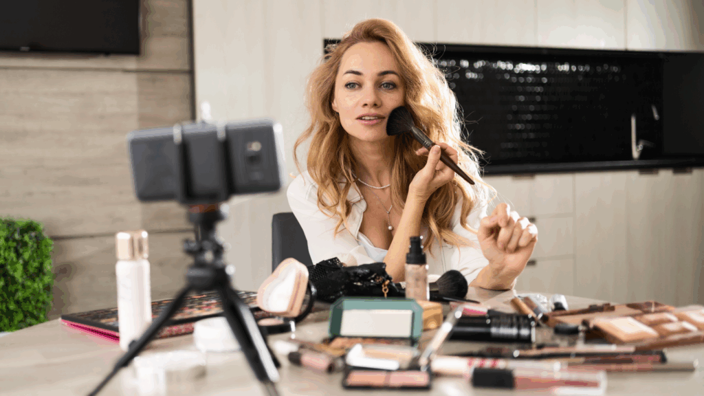 A woman is applying makeup and recording herself using a mobile phone.