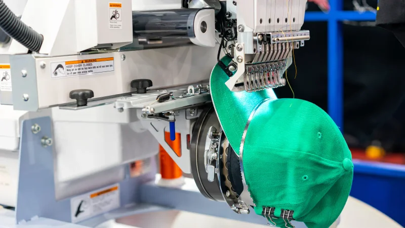 A green hat being embroidered with a logo.