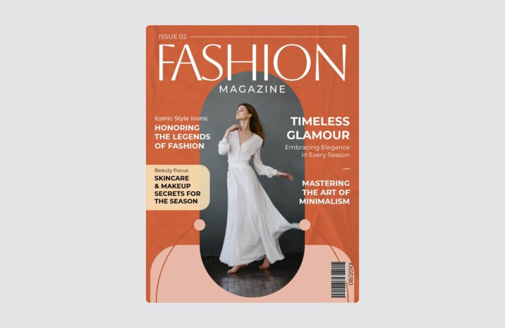 A fashion magazine social media post design with a picture of a woman in the middle and different text around it.