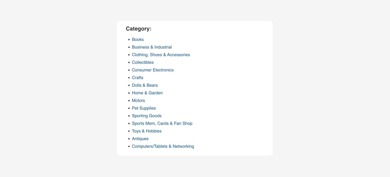 A screenshot of eBay product categories.