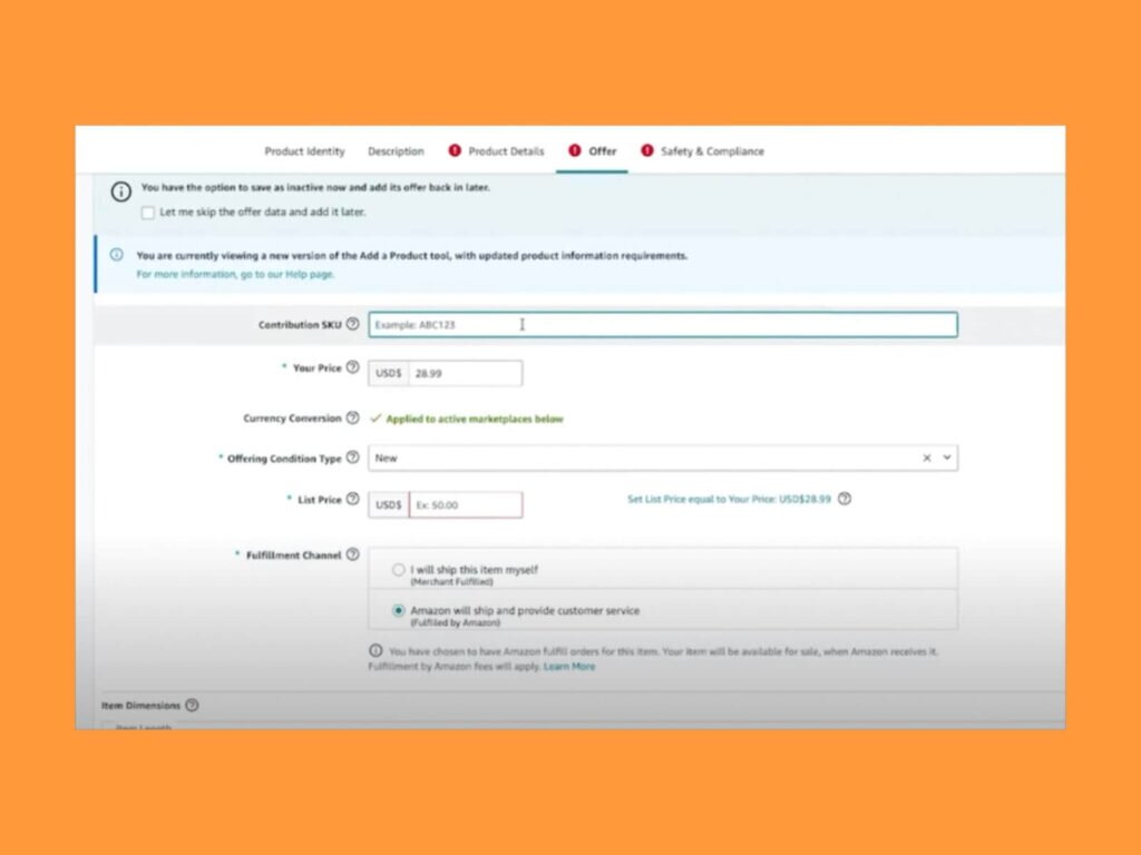 Product information section for SKU, pricing, and other details.