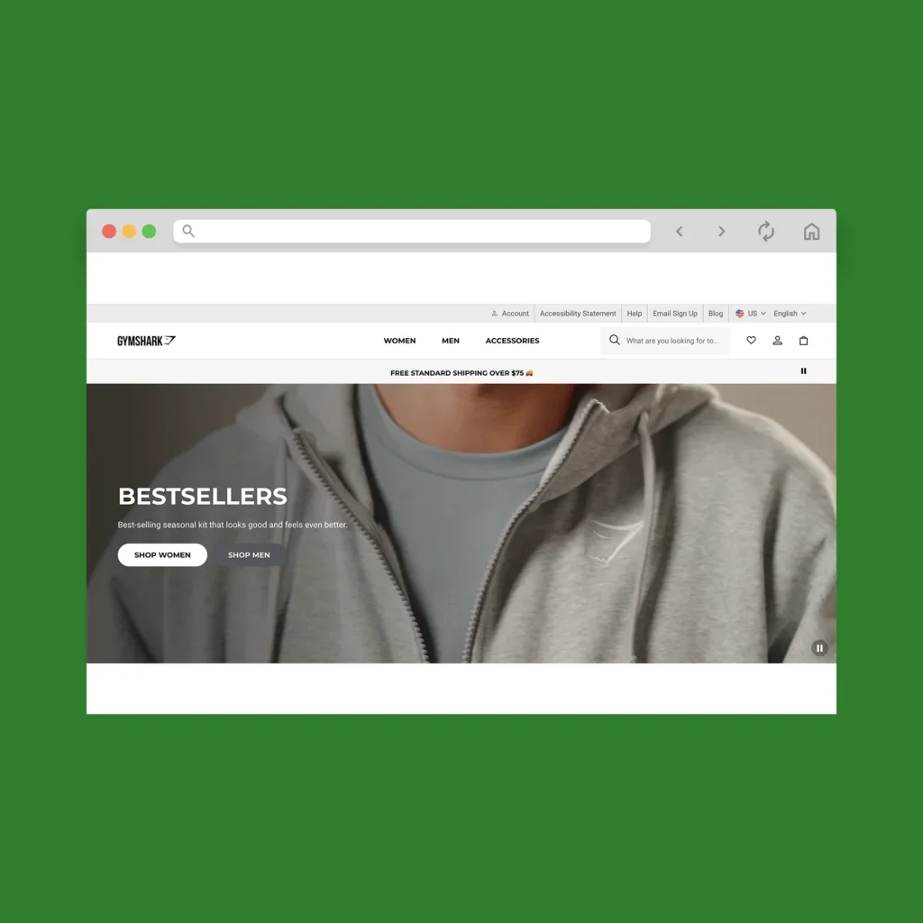 Gymshark homepage hero section screenshot mockup as a Shopify clothing store example.