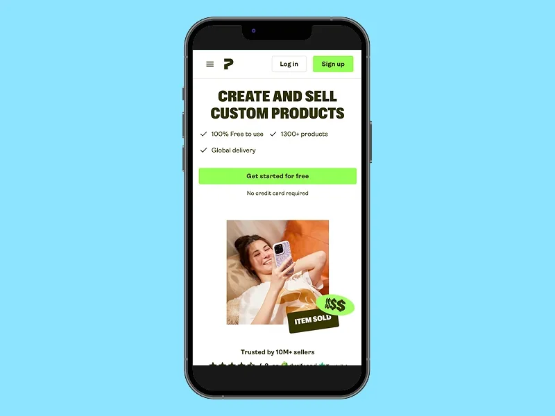 Printify homepage, mobile phone screenshot mockup.