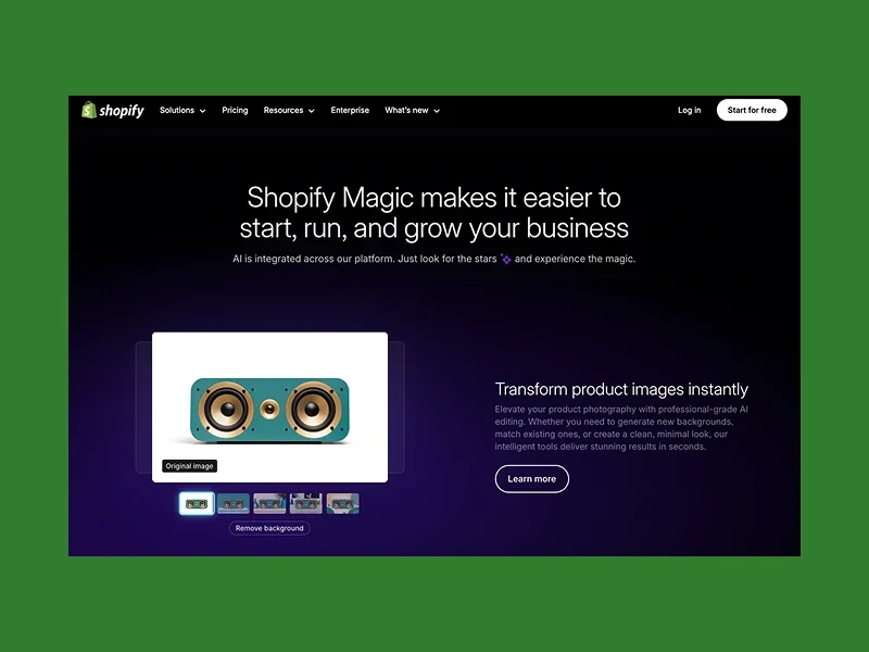 "Shopify webpage highlighting 'Shopify Magic' for business growth.
