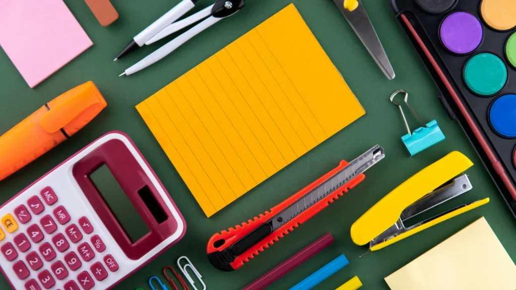 An assortment of stationery supplies, such as markers, scissors, and paper, is displayed on a table.