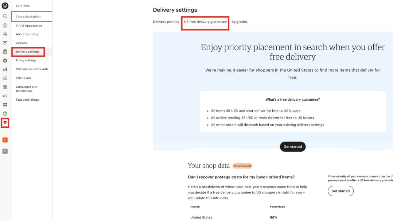 Delivery Settings page on Etsy.