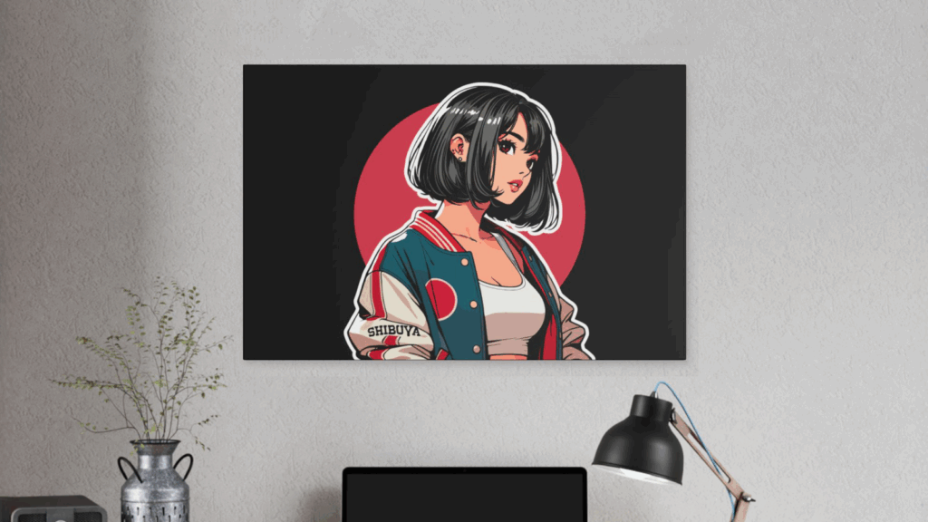 An anime-styled canvas print of a young woman.