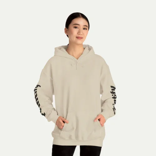 A mockup of a hoodie from the Printify catalog showing the sleeve logo placement.