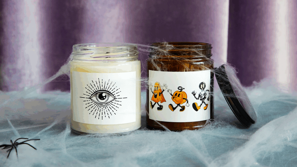 Personalized scented candles with a custom print.