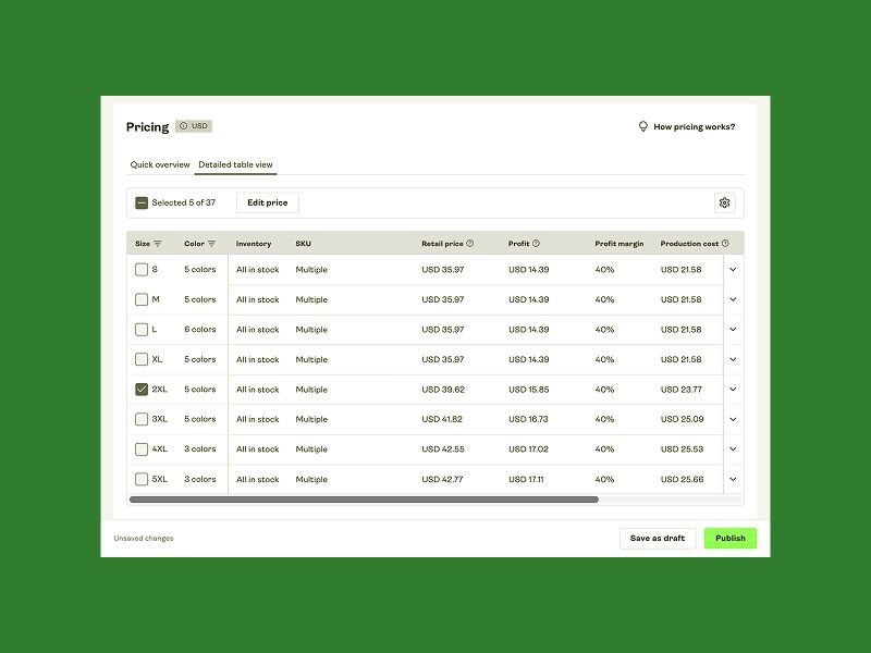 Screenshot of pricing 