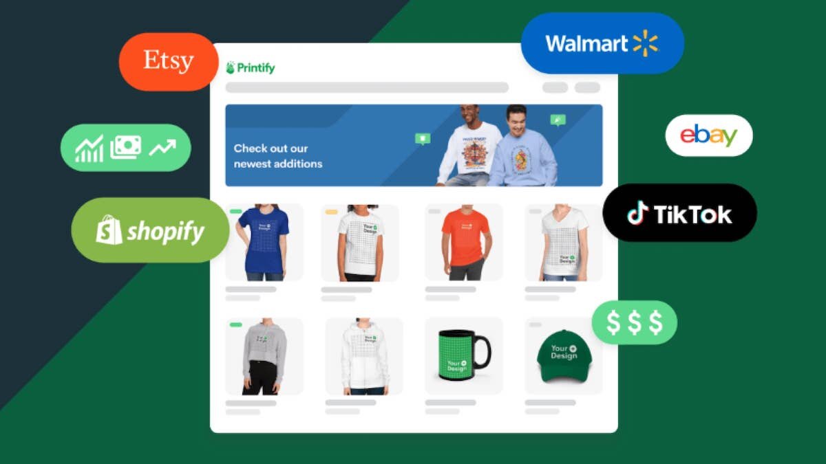 A graphic of Printify's integrations – Etsy, Shopify, TikTok Shop, Walmart, eBay, and more.