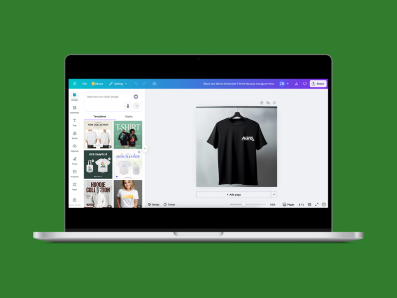 A screenshot mockup with Canva’s editor, as an example of t-shirt design software.