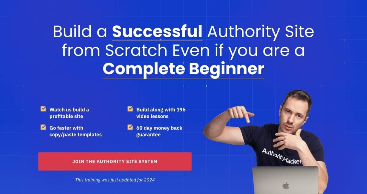 Authority Hacker's “The Authority Site System” paid course page hero section screenshot.