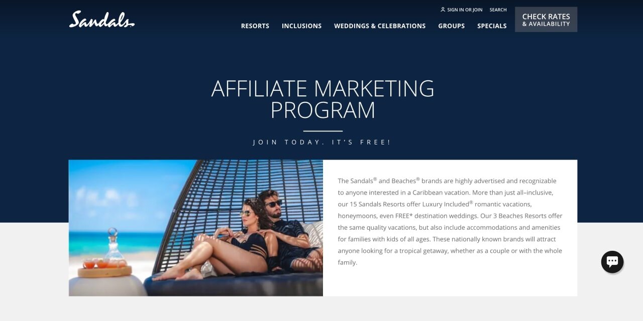 Sandals Affiliate Marketing Program page hero section screenshot.