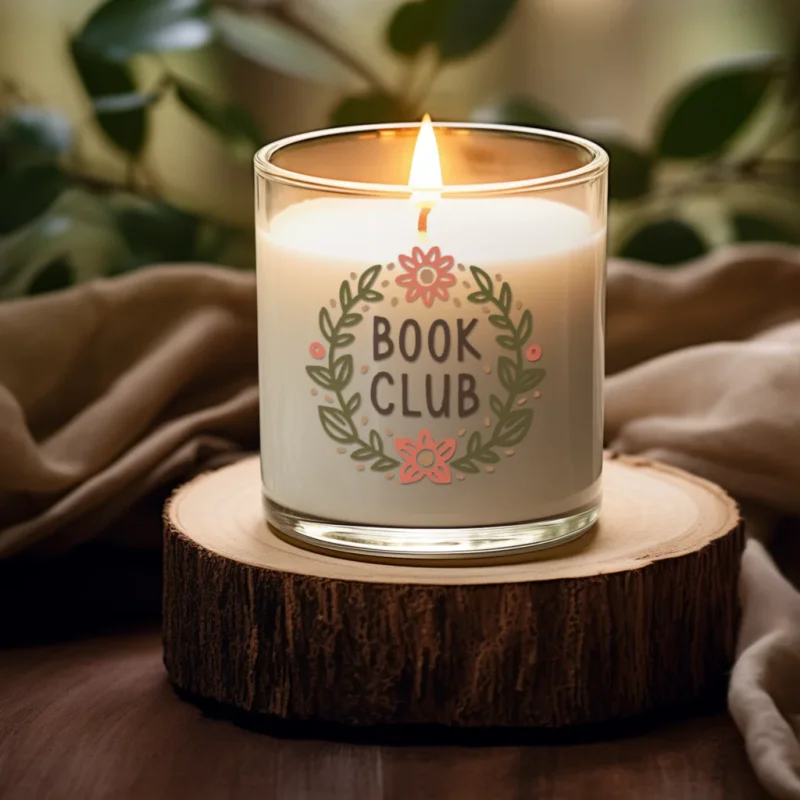 A custom “Book club” candle standing on a cut tree piece.