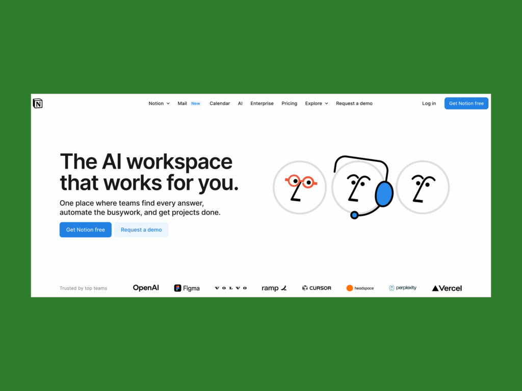 Notion’s homepage hero section screenshot mockup as an example of a top saas company.