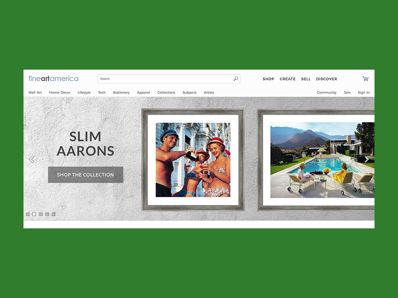 Fine Art America homepage featuring framed Slim Aarons photo prints.