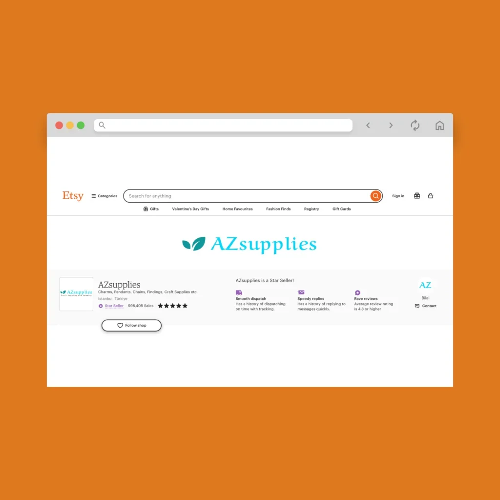 AZsupplies Etsy shop’s hero section screenshot.