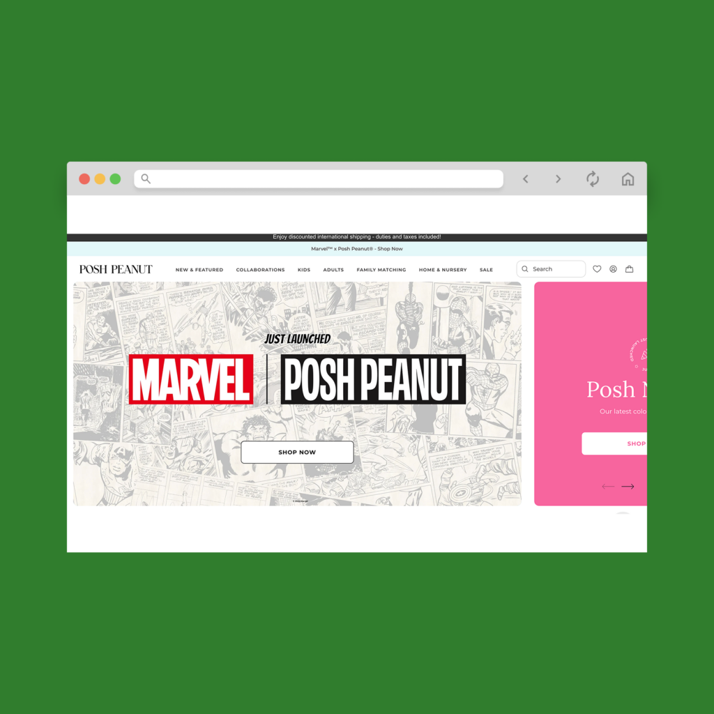 Posh Peanut homepage hero section screenshot mockup as a Shopify clothing store example.