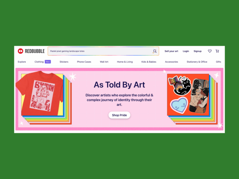 A screenshot of the Redbubble landing page.