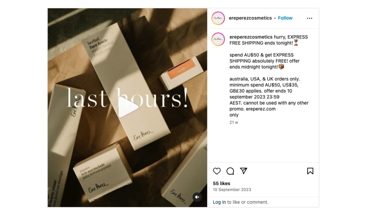 A post by Ere Perez Cosmetics on Instagram with the caption, “Express free shipping ends tonight!”