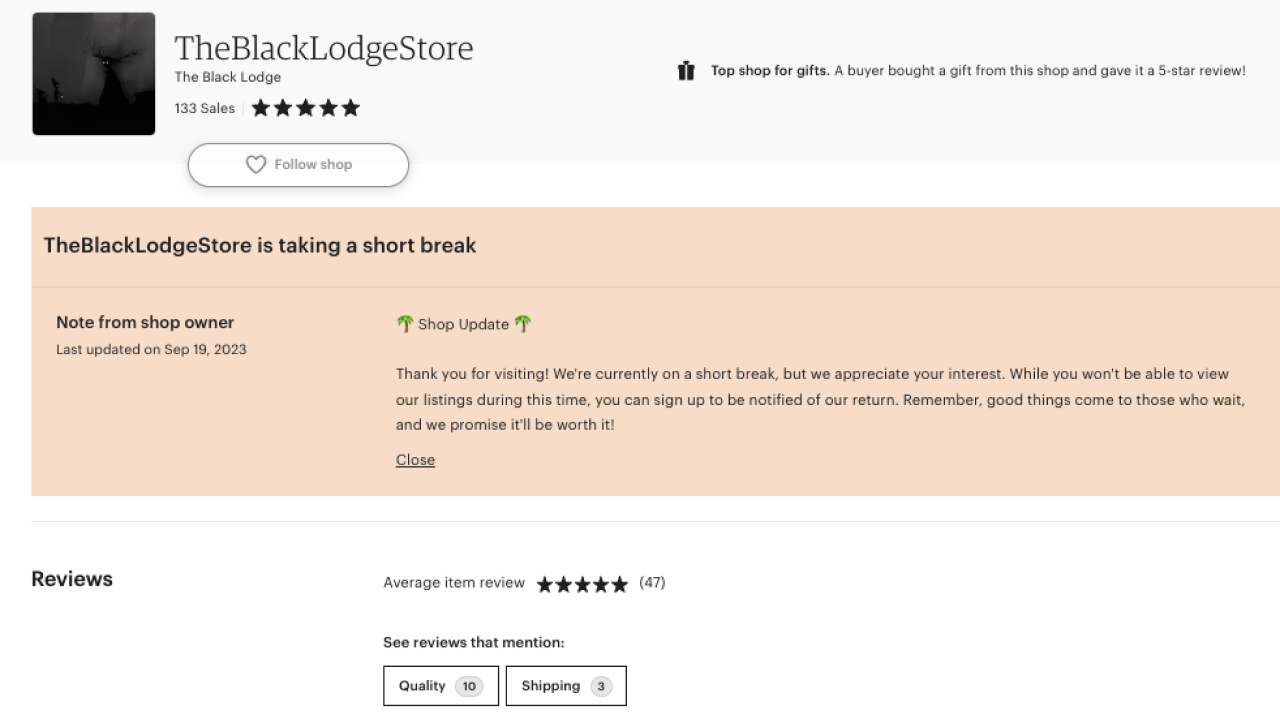 Example of a shop announcement for an Etsy store that is on Vacation mode.