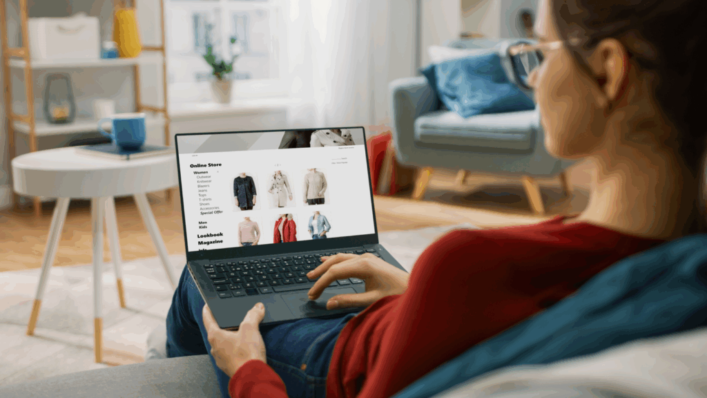 A woman sits on a couch, using a laptop to shop online, surrounded by a cozy living room setting.