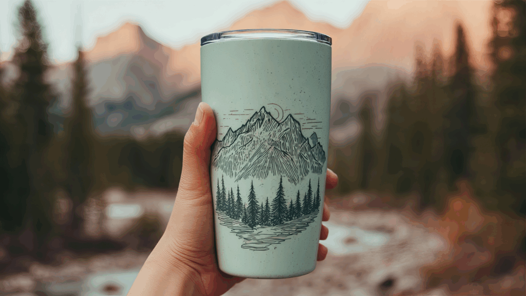 A person holds a cup featuring a mountain and trees design, showcasing a love for nature and outdoor adventures.