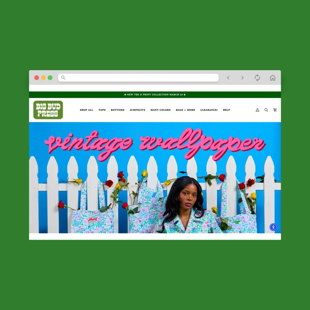 Big Bud Press homepage hero section screenshot mockup as a Shopify clothing store example.