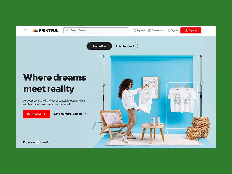 Printify homepage with a print-on-demand headline and custom products.
