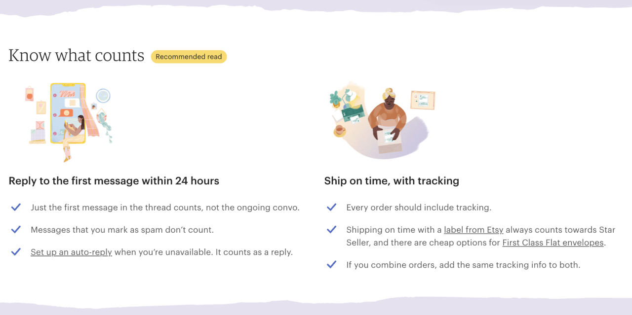 Guidelines for becoming an Etsy Star Seller, such as “reply to the first message within 24 hours” and “ship on time, with tracking.”
