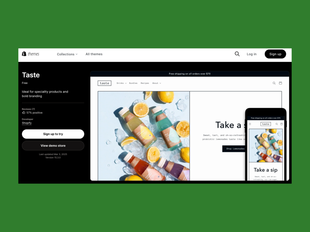 A screenshot of the Taste theme landing page.