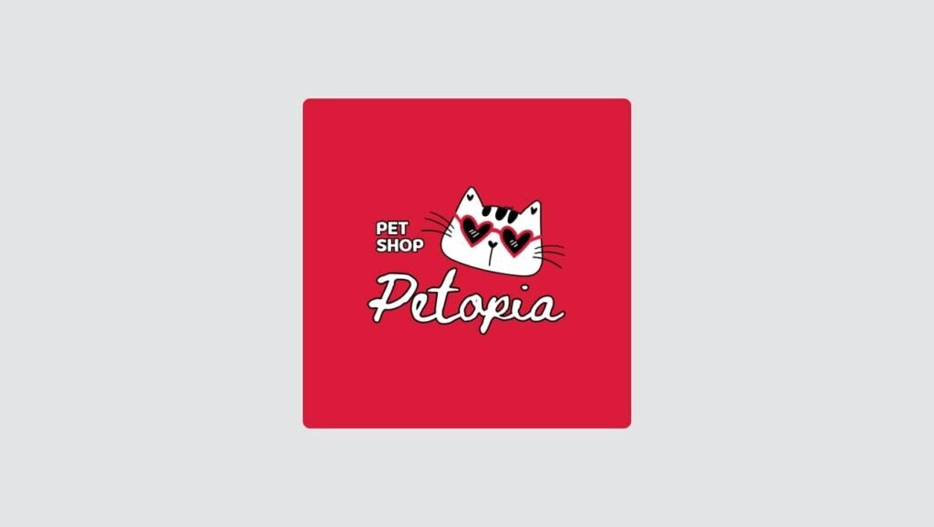 An illustration of a cat wearing heart-shaped glasses for a pet shop, placed on a red background.