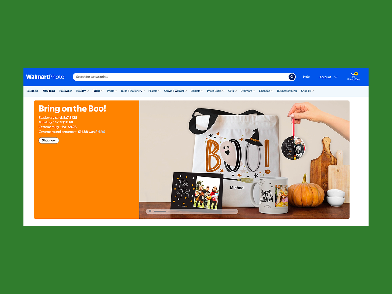 Walmart Photo homepage with custom Halloween mugs, cards, and totes.