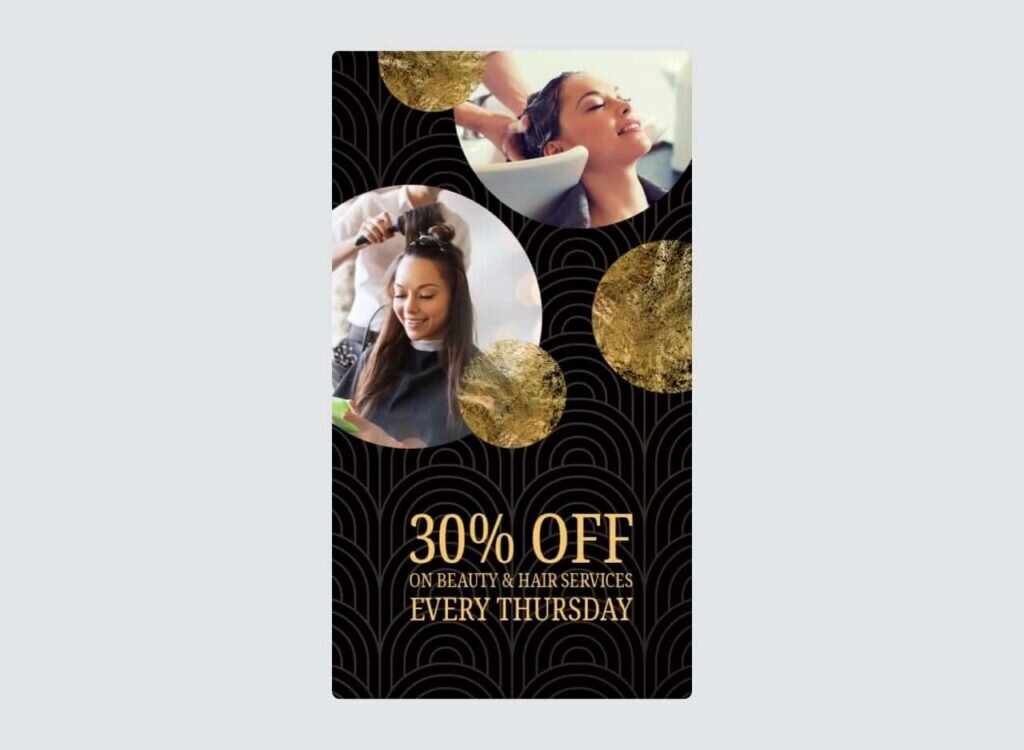 An Instagram Stories template for sales with multiple rounded pictures on a dark background.