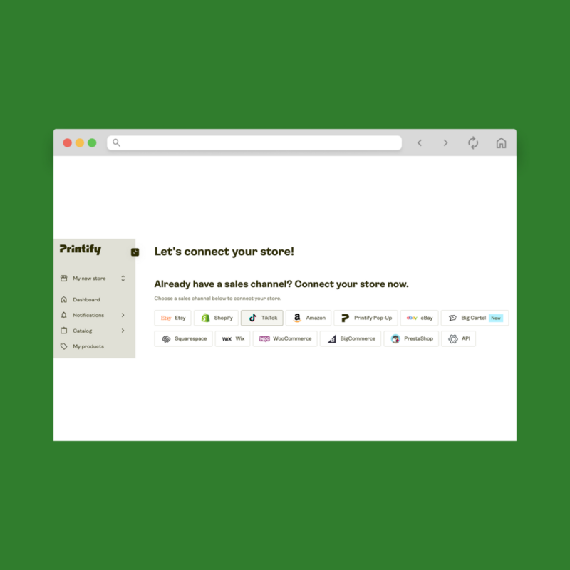 A screenshot mockup showing how to connect your TikTok Shop via Printify.