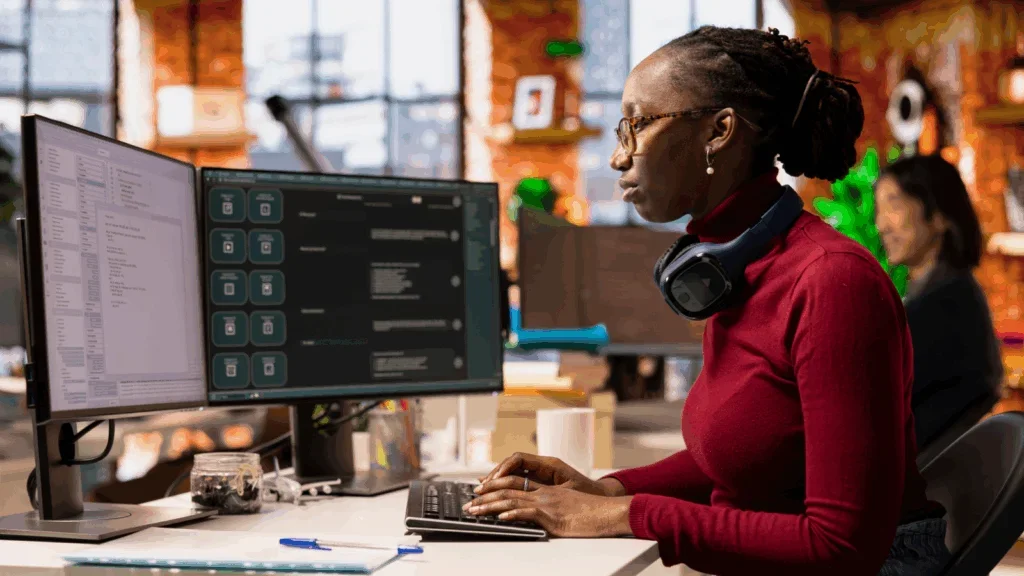 A woman is coding an app.