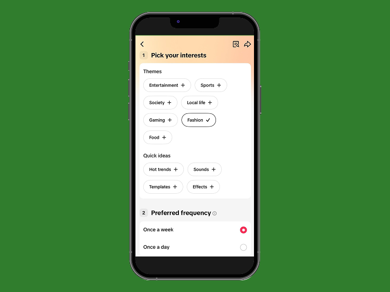 Smartphone screen on a green background displaying an app interface for selecting interests.