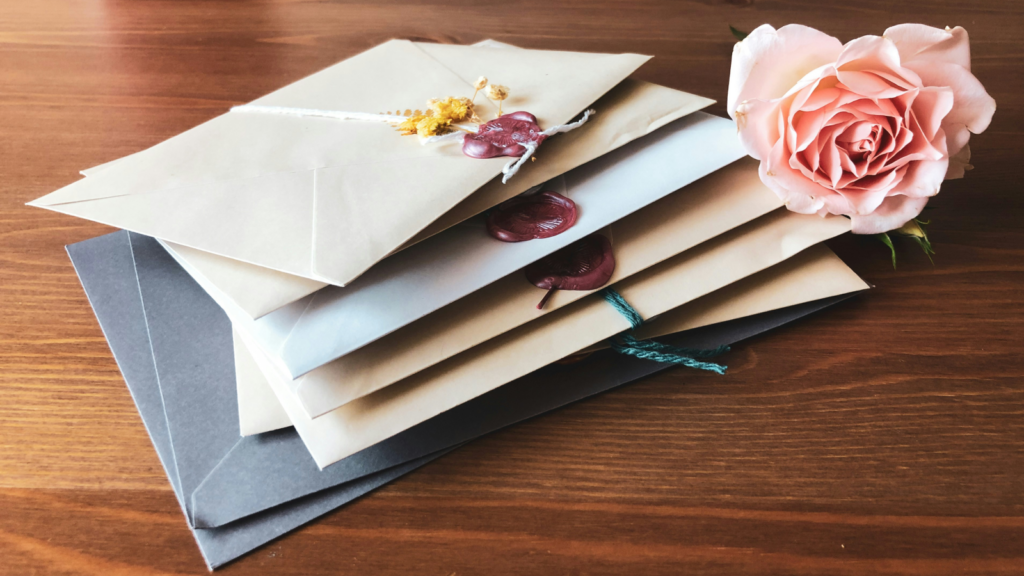 A stack of colorful envelopes topped with a single red rose, creating an elegant and romantic presentation.