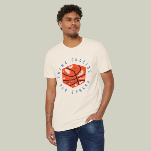 A mockup of a man wearing a custom “Think outside the sphere” eco-friendly t-shirt.