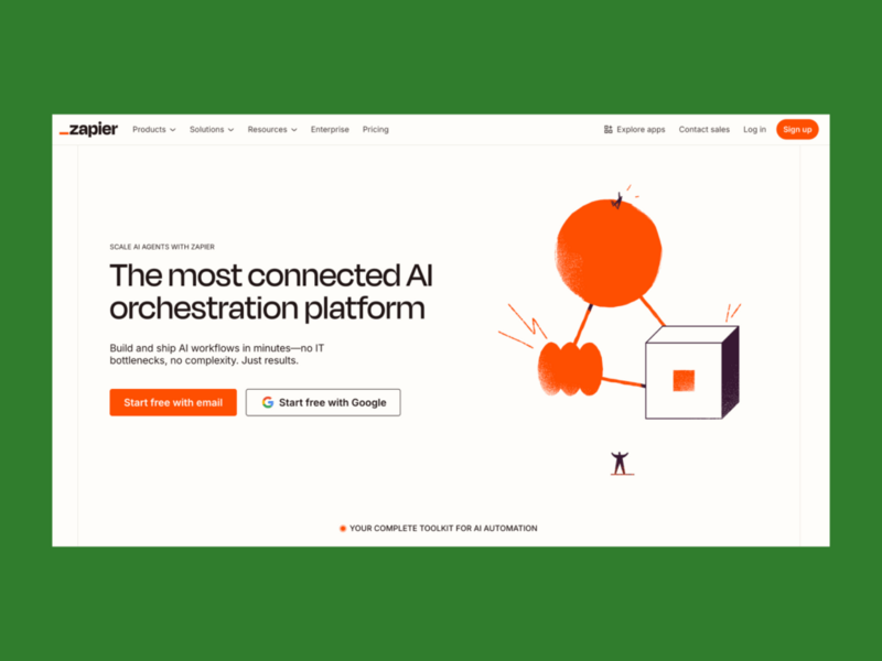A screenshot of the landing page of the Zapier landing page.