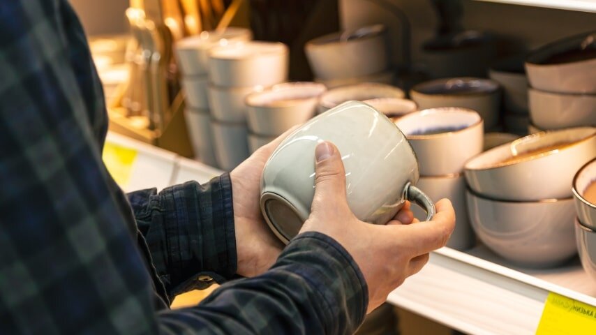 A person holding a ceramic mug in their hands.