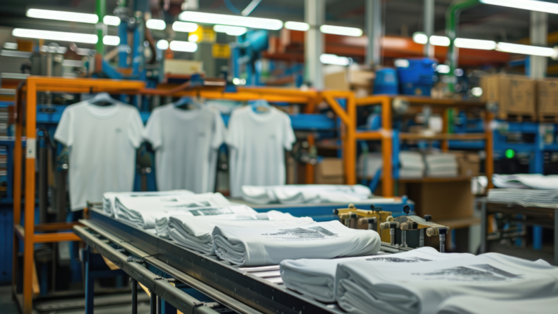 A factory interior featuring a conveyor belt with white t-shirts moving along it for production.