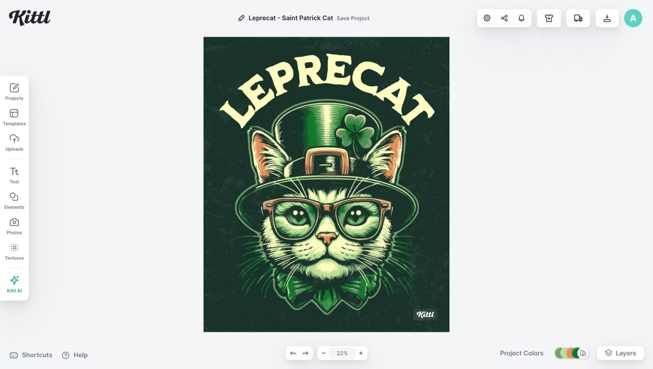 A screenshot of the Kittl t-shirt design software.
