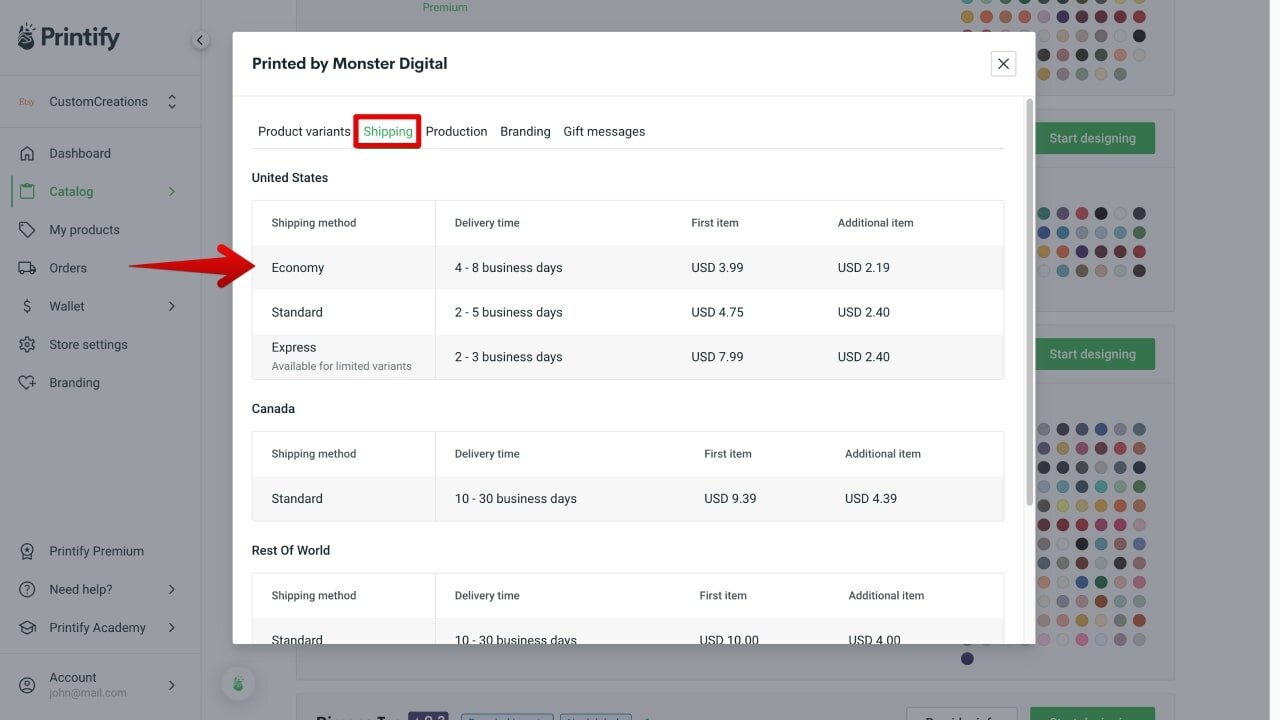 Shipping details for Monster Digital showing the Economy shipping method with 4-8 business day delivery time.