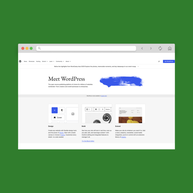 A screenshot mockup of WordPress’s homepage hero section.