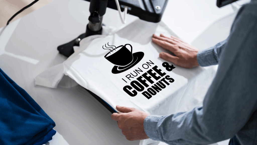 A man holds a t-shirt featuring a coffee logo, showcasing his interest in coffee culture.