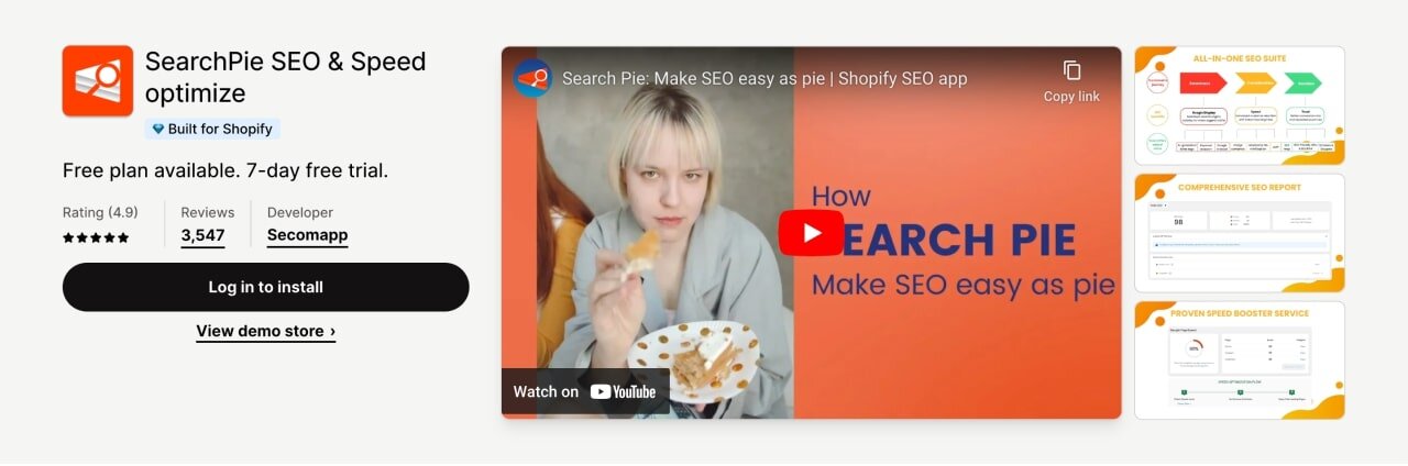 SearchPie SEO and Speed Optimizer Shopify SEO app screenshot from the Shopify app store.
